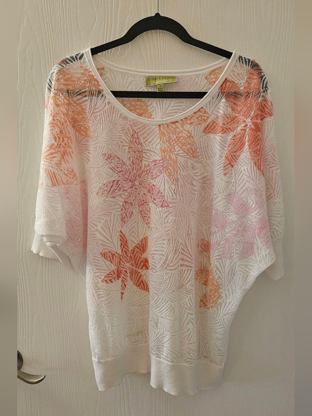 Sigrid Olsen White Knit Top with Coral Floral Motif.